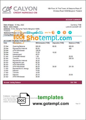 editable template, Thailand Caylon Bank statement template in Word and PDF format