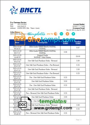 editable template, Timor-Leste BNCTL bank statement template in Word and PDF format