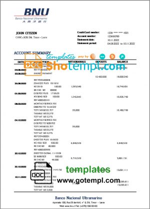 editable template, Timor-Leste BNU bank statement template in Word and PDF format
