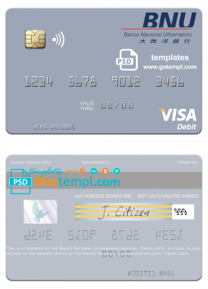 editable template, Timor-Leste Banco Nacional Ultramarino building visa debit card template in PSD format