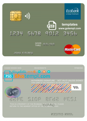 editable template, Togo Ecobank mastercard template in PSD format