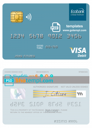 editable template, Togo Ecobank visa debit card template in PSD format