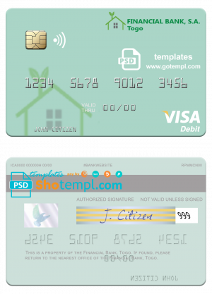 editable template, Togo Financial Bank visa debit card template in PSD format