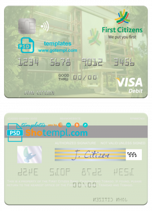 editable template, Trinidad and Tobago First Citizes Bank visa debit card template in PSD format