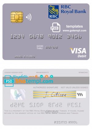 editable template, Trinidad and Tobago RBC Royal Bank visa debit card template in PSD format
