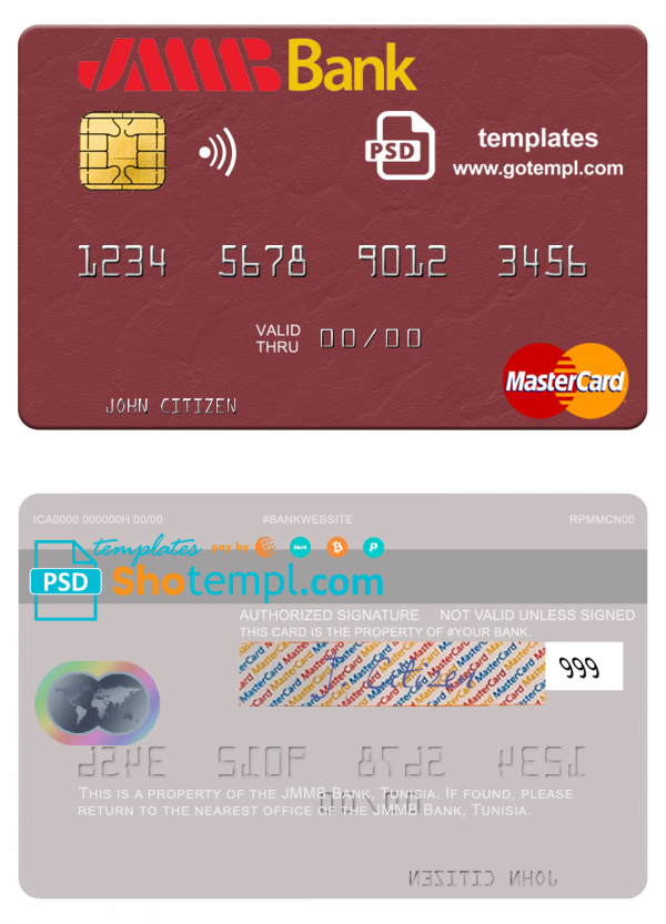 editable template, Tunisia JMMB Bank mastercard template in PSD format