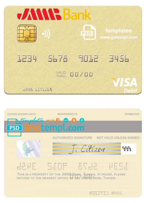 editable template, Tunisia JMMB Bank visa debit card template in PSD format