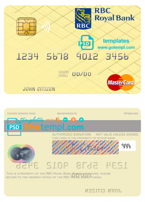 editable template, Tunisia RBC Royal Bank mastercard template in PSD format
