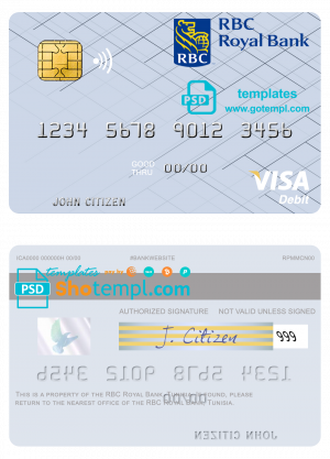 editable template, Tunisia RBC Royal Bank visa debit card template in PSD format