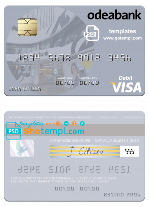 editable template, Turkey Odeabank visa debit card template in PSD format