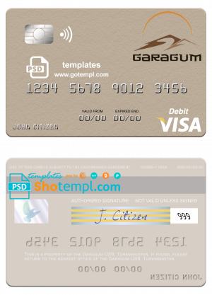 editable template, Turkmenistan Garagum IJSB visa debit card template in PSD format