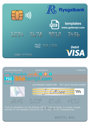 editable template, Turkmenistan Rysgal JSCB visa debit card template in PSD format