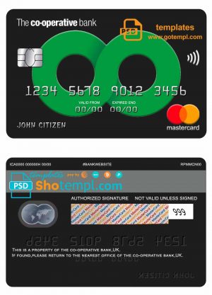 editable template, United Kingdom The Co-operative bank mastercard credit card template in PSD format