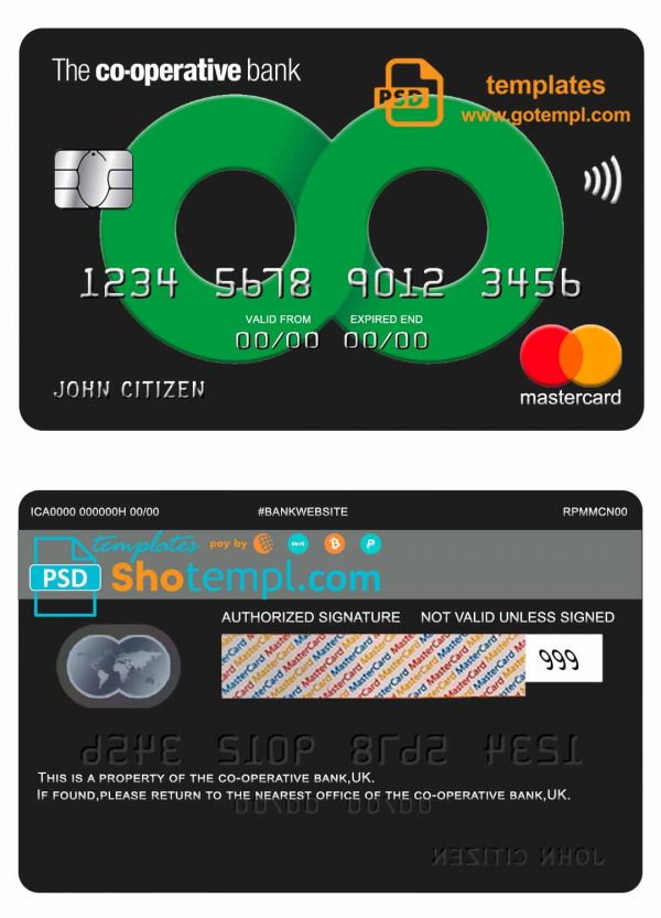 editable template, United Kingdom The Co-operative bank mastercard credit card template in PSD format