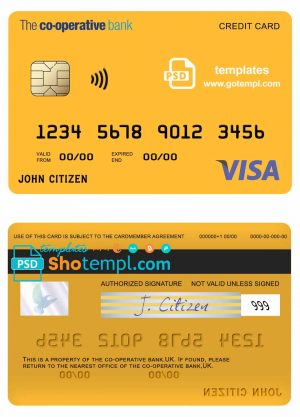 editable template, United Kingdom The Co-operative bank visa credit card template in PSD format, fully editable