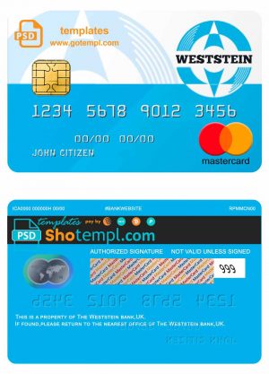 editable template, United Kingdom WestStein bank visa credit card template in PSD format