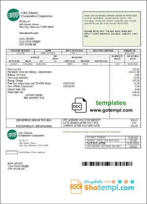 editable template, USA Arkansas C & L Electric Cooperative Corporation utility bill template in Word and PDF format