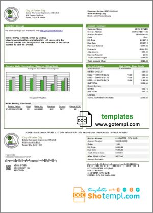 editable template, USA California City of Foster City utility bill template in Word and PDF format