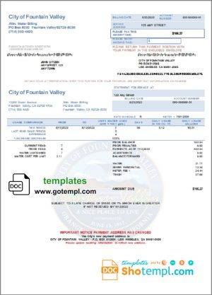editable template, USA California City of Fountain Valley utility bill template in Word and PDF format