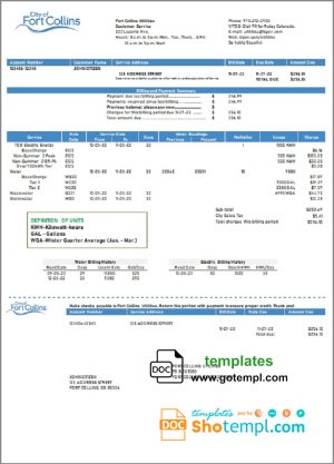 editable template, USA Colorado Fort Collins Utilities utility bill template in Word and PDF format