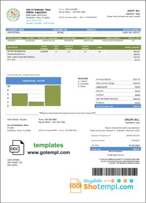 editable template, USA Florida City of Pembroke Pines Utilities Department utility bill template in Word and PDF format