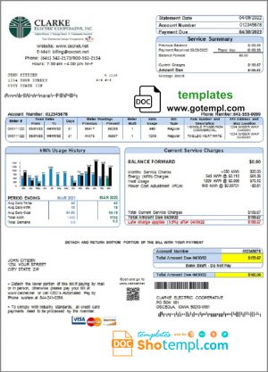 editable template, USA Iowa Clarke Electric Cooperative, Inc utility bill template in Word and PDF format