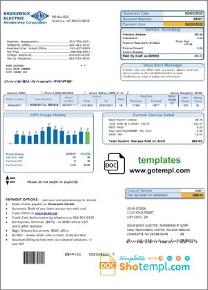 editable template, USA North Carolina Brunswick Electric utility bill template in Word and PDF format