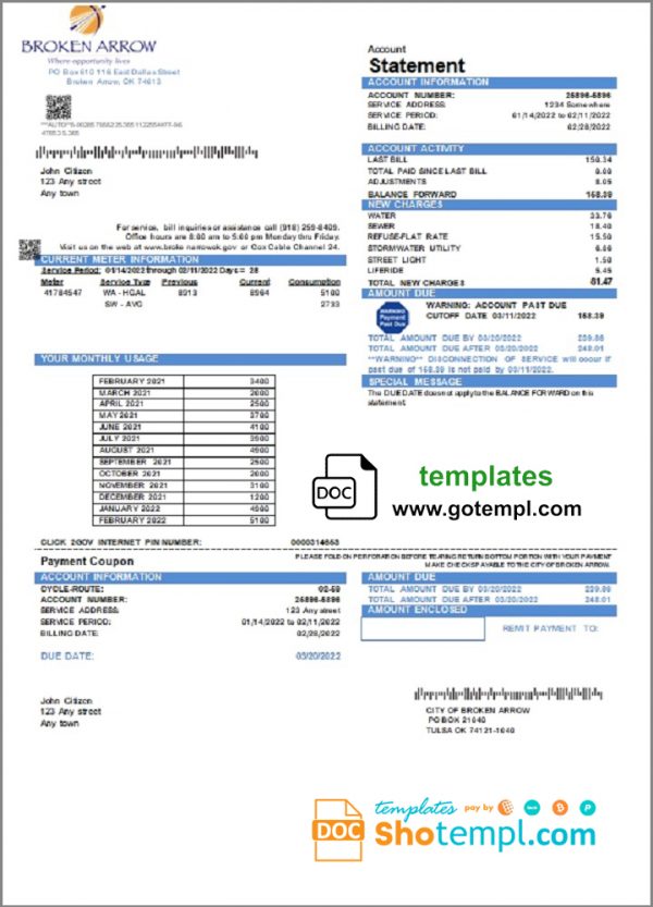 editable template, USA Oklahoma City of Broken Arrow utility bill template in Word and PDF format