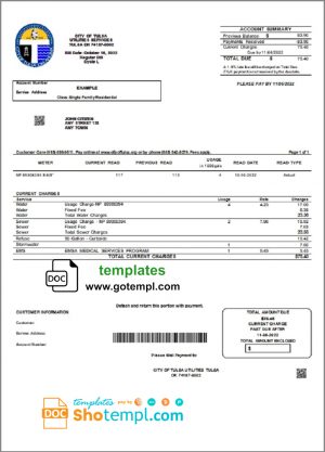 editable template, USA Oklahoma City of Tulsa utility bill template in Word and PDF format