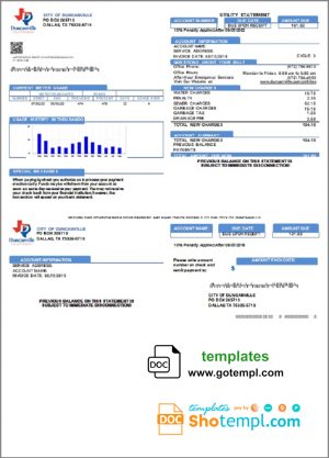 editable template, USA Texas City of Duncanville utility bill template in Word and PDF format