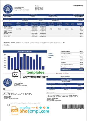 editable template, USA Texas City of Sugar Land utility bill template in Word and PDF format