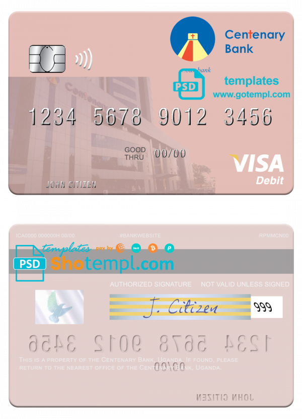 editable template, Uganda Centenary Bank visa debit card template in PSD format