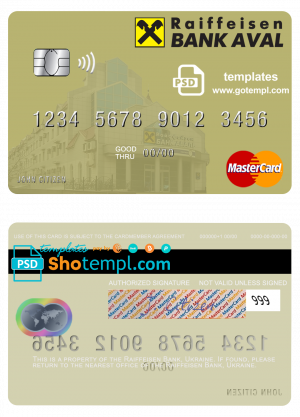 editable template, Ukraine Raiffeisen Bank mastercard template in PSD format