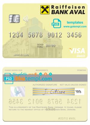 editable template, Ukraine Raiffeisen Bank visa debit card template in PSD format