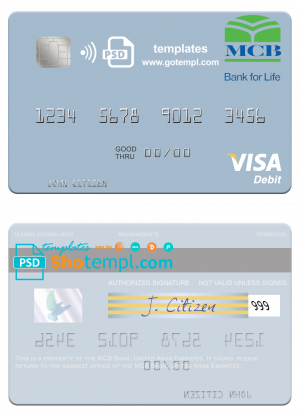 editable template, United Arab Emirates MCB Bank visa debit card template in PSD format