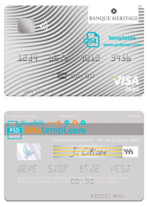 editable template, Uruguay Banque Heritage visa debit card template in PSD format