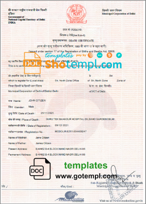 editable template, India death certificate template in Word and PDF format