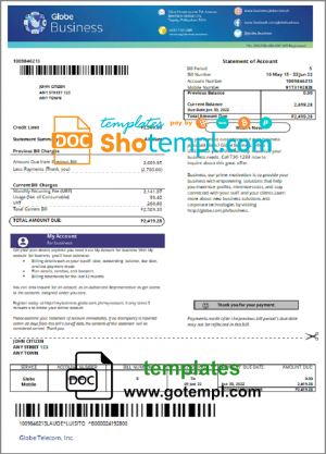 editable template, Philippines Globe Business utility bill template in Word and PDF format