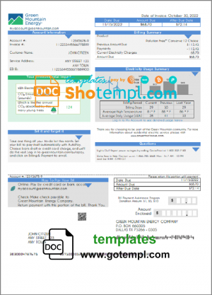 editable template, USA  Green Mountain Energy utility bill template in Word and PDF format