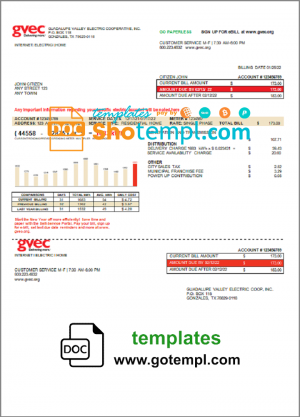editable template, USA Texas GVEC utility bill template in Word and PDF format