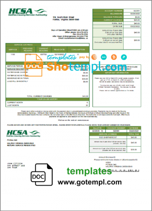 editable template, USA Virginia HCSA utility bill template in Word and PDF format