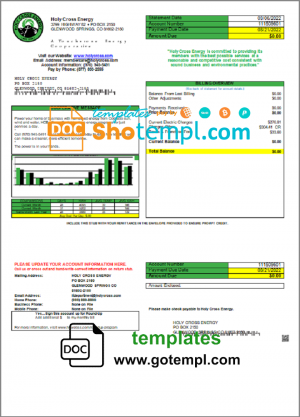 editable template, USA Colorado Holy Cross Energy utility bill template in Word and PDF format