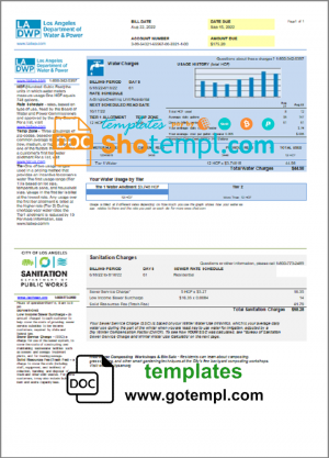 editable template, USA LA DWP utility bill template in Word and PDF format