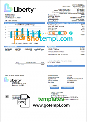 editable template, USA California Liberty Utilities utility bill template in Word and PDF format