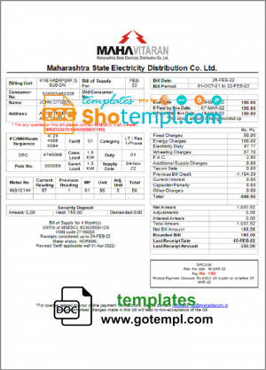 editable template, India Mahavitaran Co Ltd utility bill template in Word and PDF format