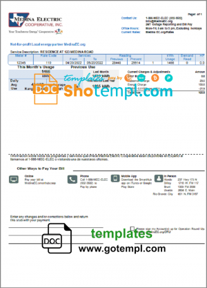editable template, USA Texas Medina Electric utility bill template in Word and PDF format