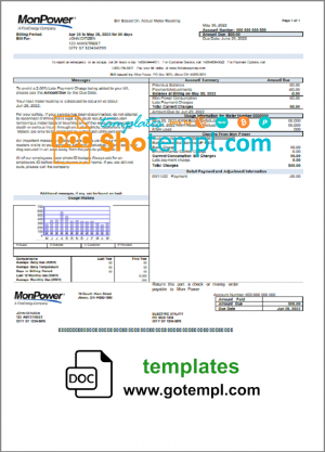 editable template, USA Mon Power utility bill template in Word and PDF format
