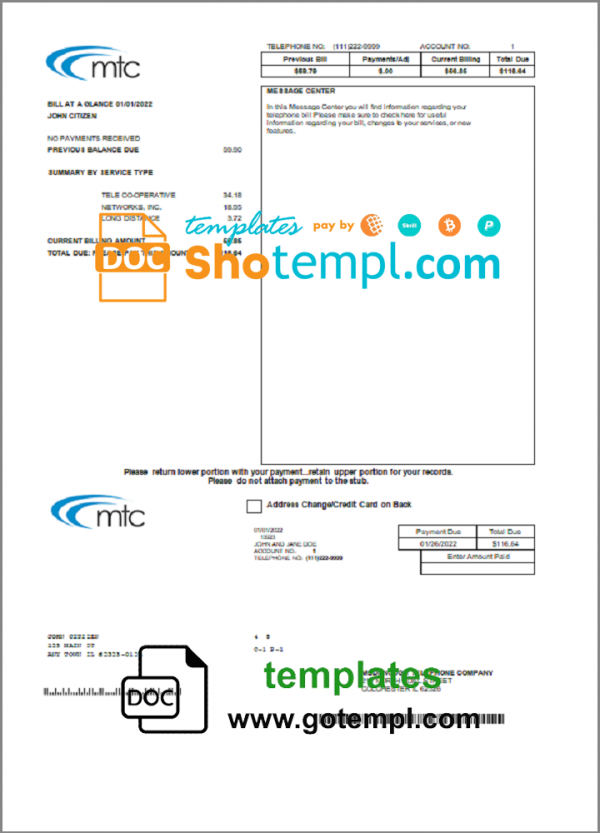 editable template, USA Illinois MTC utility bill template in Word and PDF format
