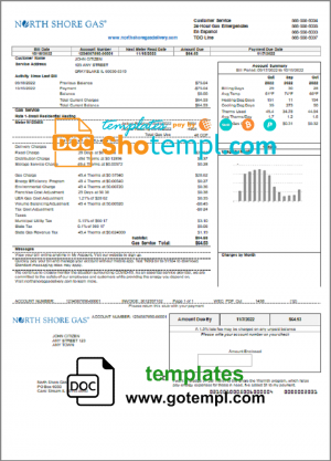 editable template, USA Illinois North Shore Gas utility bill template in Word and PDF format
