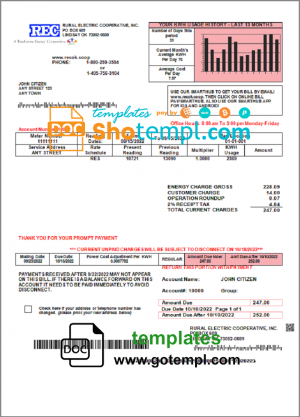 editable template, USA Rural Electric Cooperative utility bill template in Word and PDF format